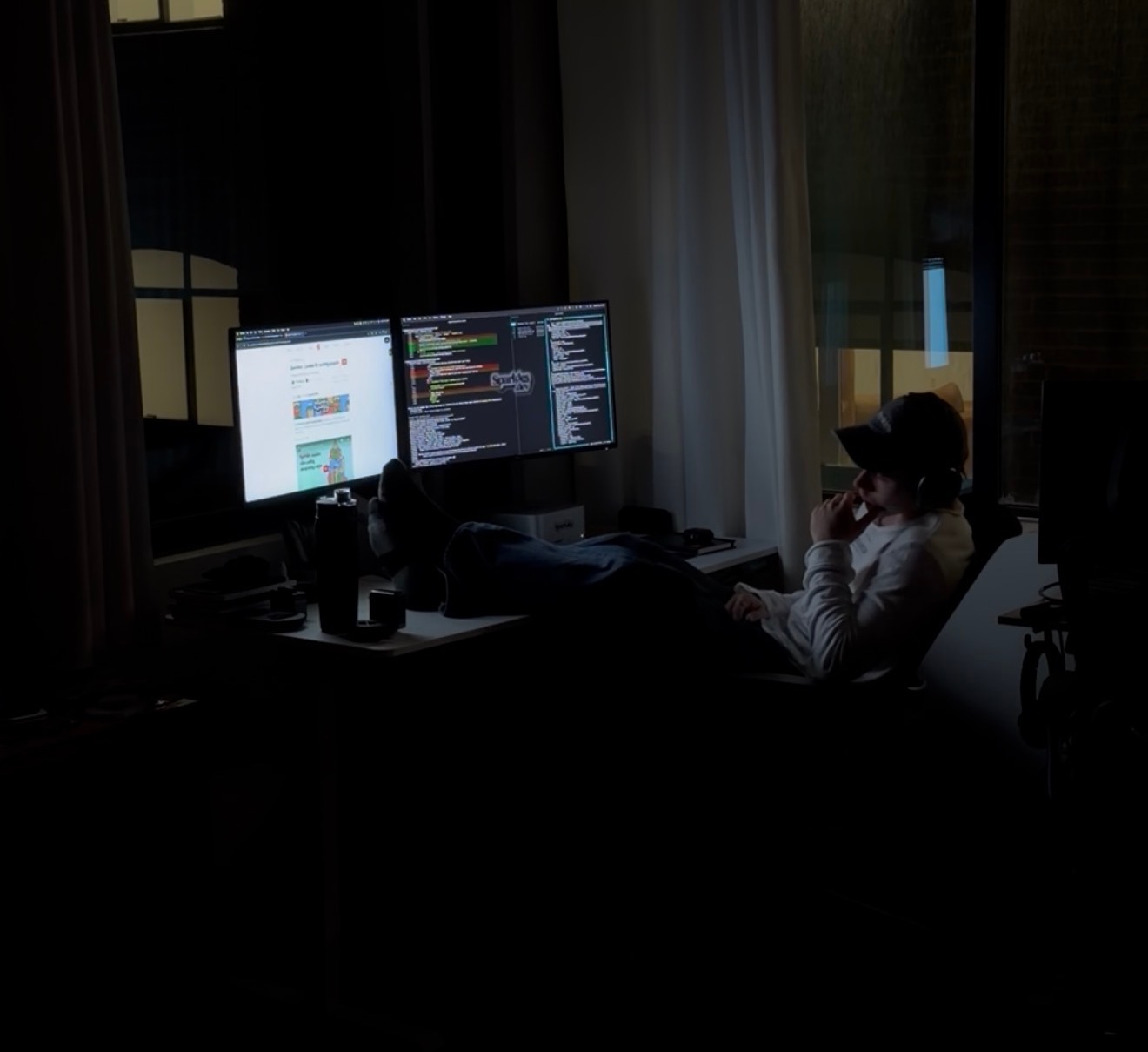Ai Daniil Bekirov at his desk with two monitors after the Sparkles YC launch