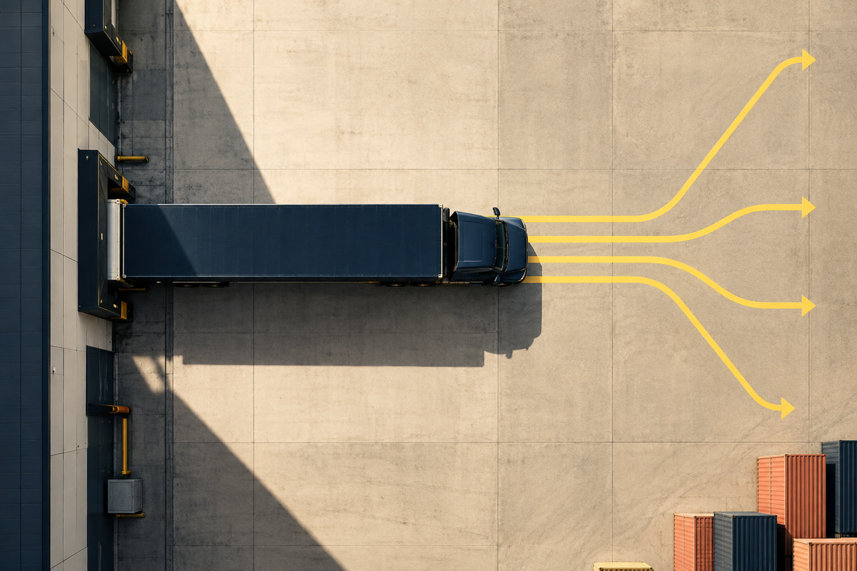 Editorial aerial graphic of a freight truck facing four yellow routes