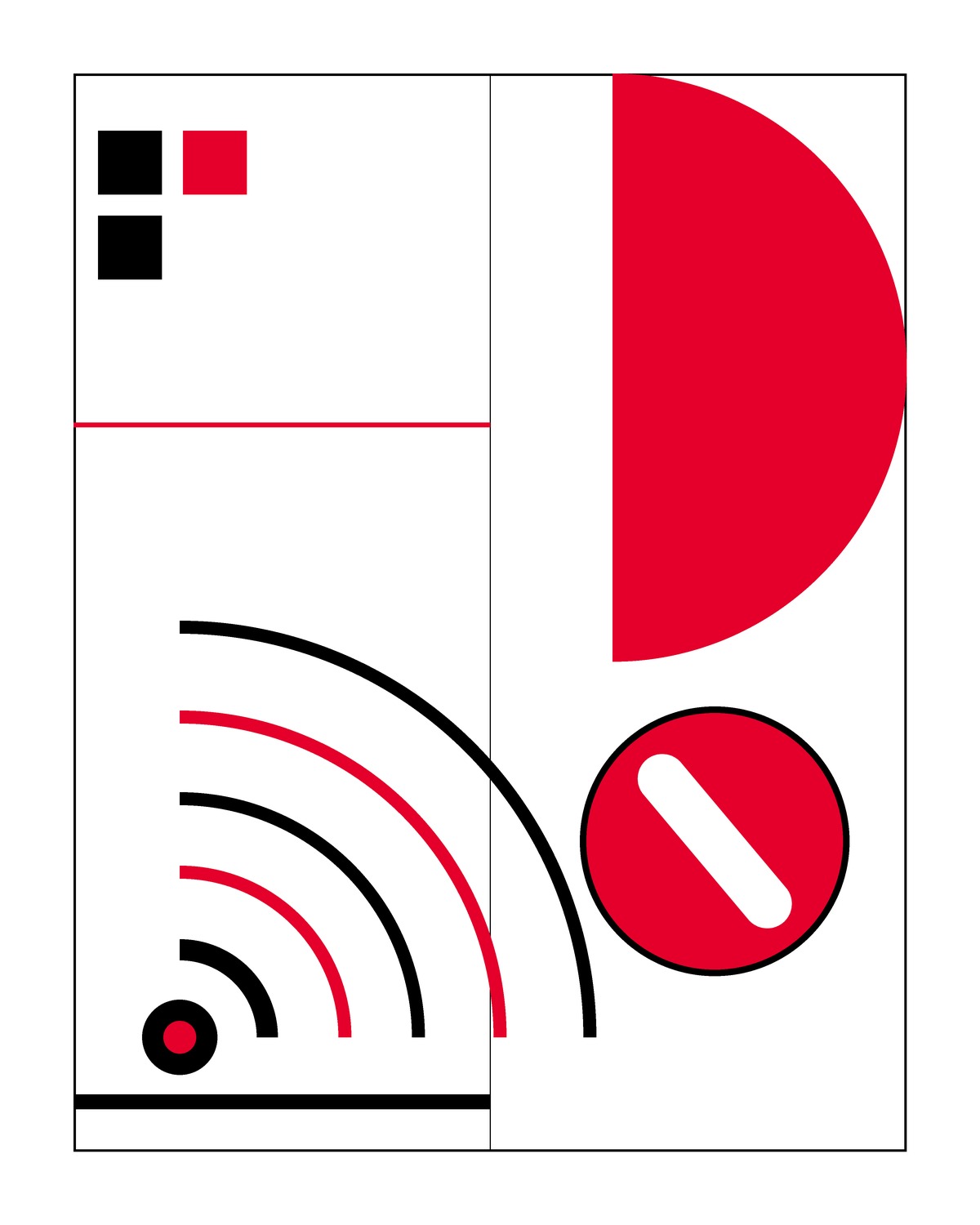 Swiss-style poster: soundwaves, a red dial button and stacked squares representing the players in AI customer service