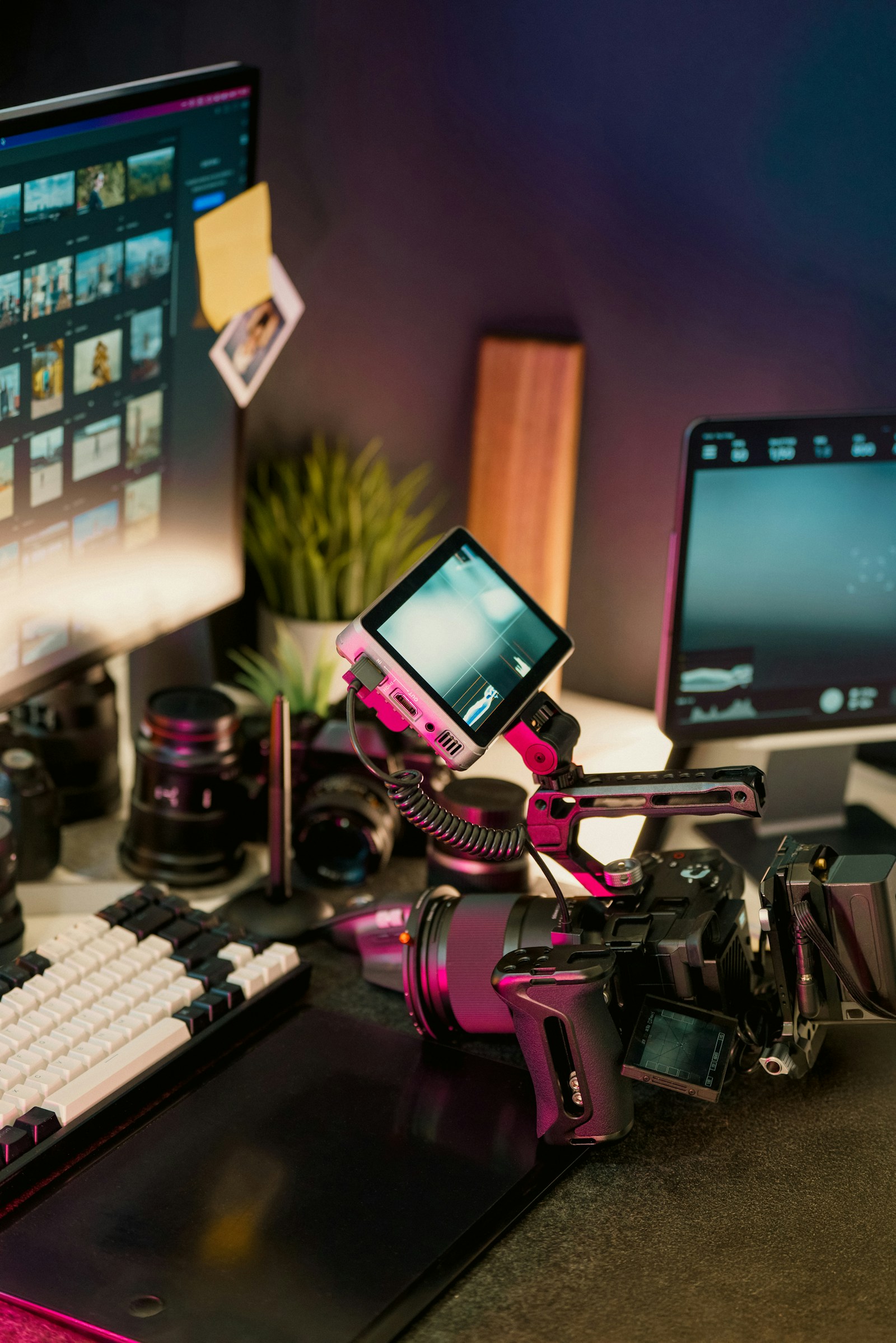 Camera, lenses and monitors arranged on a filmmaker's editing desk