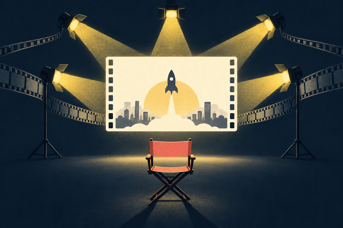 Minimal editorial illustration of a director's chair facing a cinema screen under five spotlights