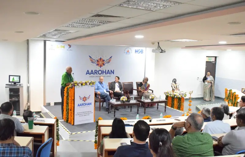 A speaker addresses the audience at the Aarohan startup summit at JK Lakshmipat University