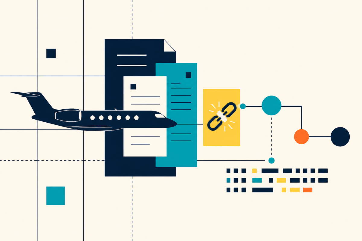 Abstract geometric illustration of an aircraft moving through documents, a released chain and a transaction ledger