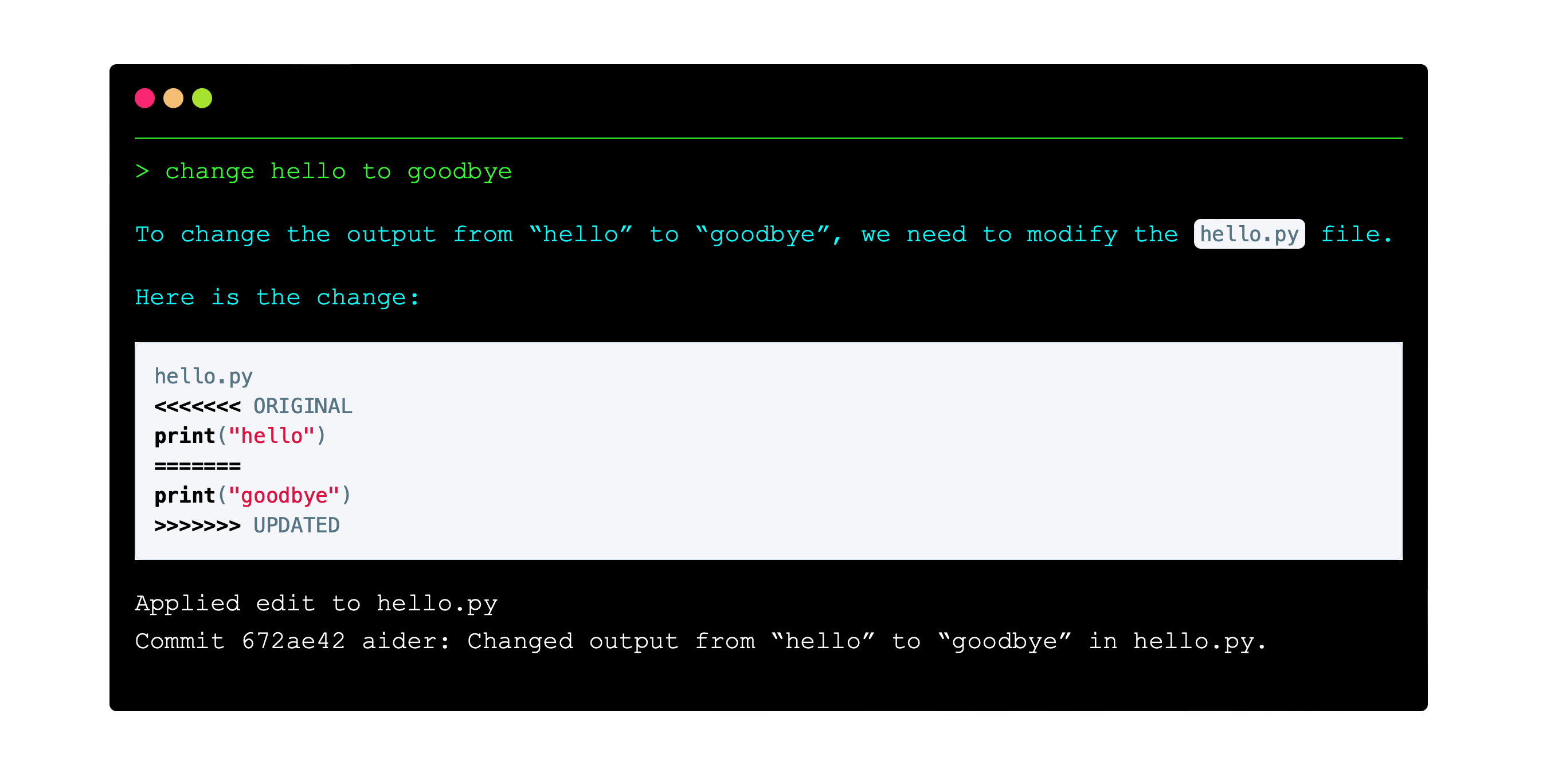 Aider terminal session changing hello to goodbye and automatically committing the edit