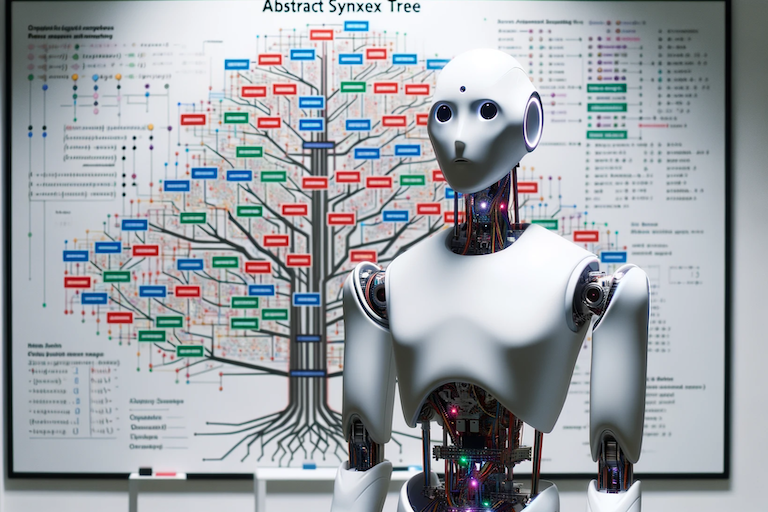 Aider illustration of a robot standing in front of an abstract syntax tree diagram