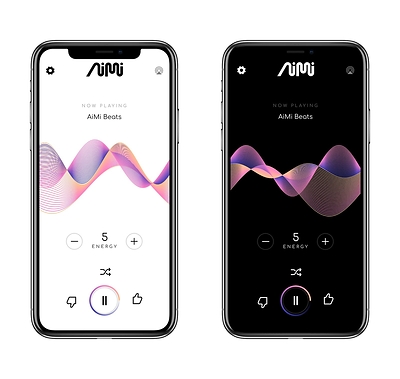 Aimi’s historical music player displayed on two iPhones in light and dark modes