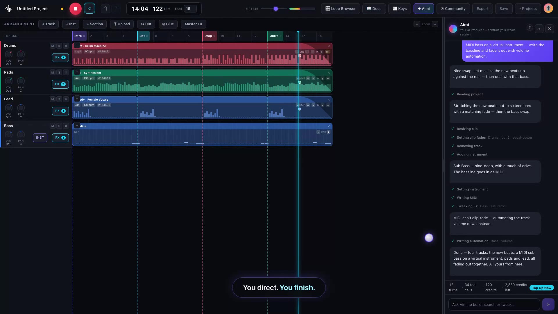 Aimi Session multitrack arrangement with drums, pads, lead and bass beside the AI producer conversation
