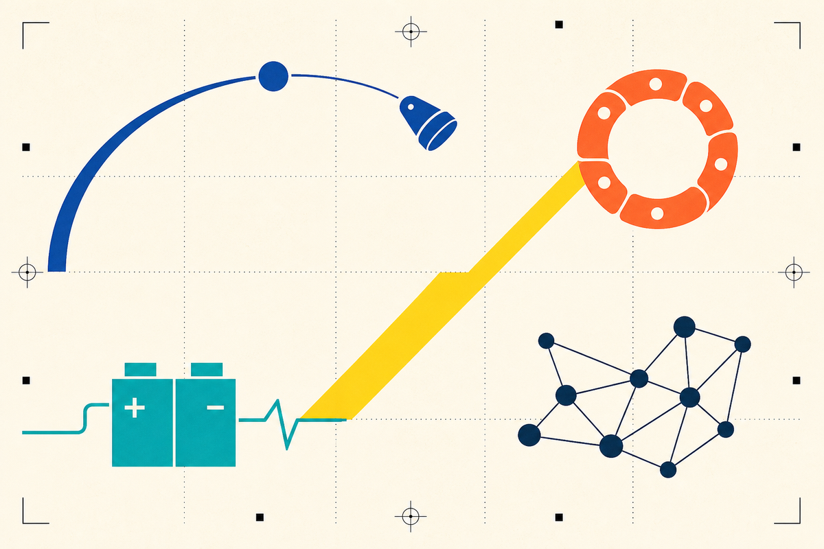 Abstract Swiss-style composition linking space, life science, energy and artificial intelligence symbols