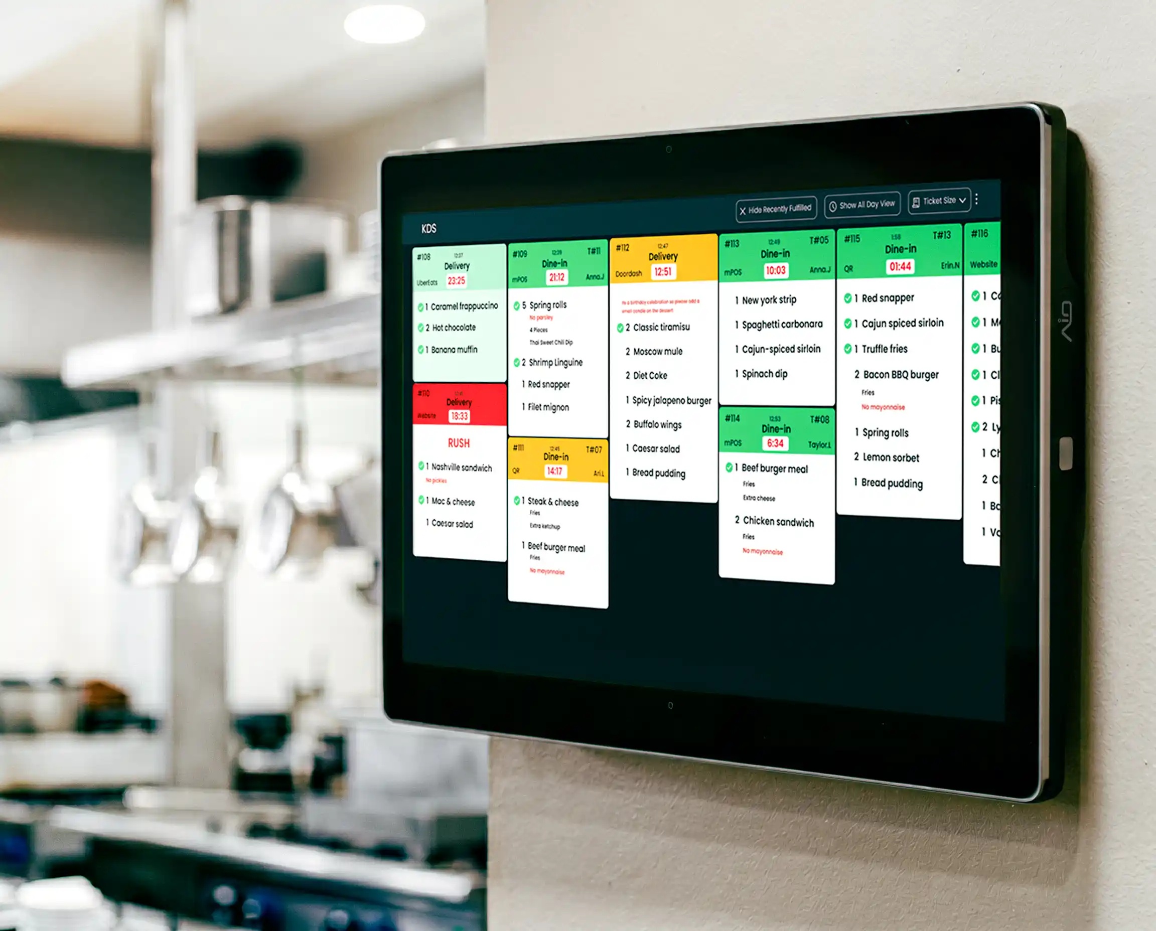 AIO kitchen display screen showing digital order tickets