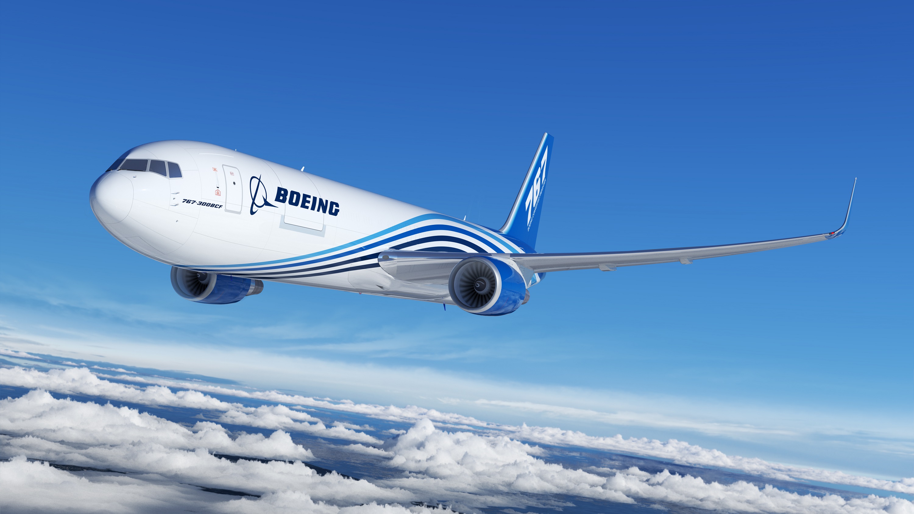 Boeing promotional illustration of a 767-300 converted freighter in flight