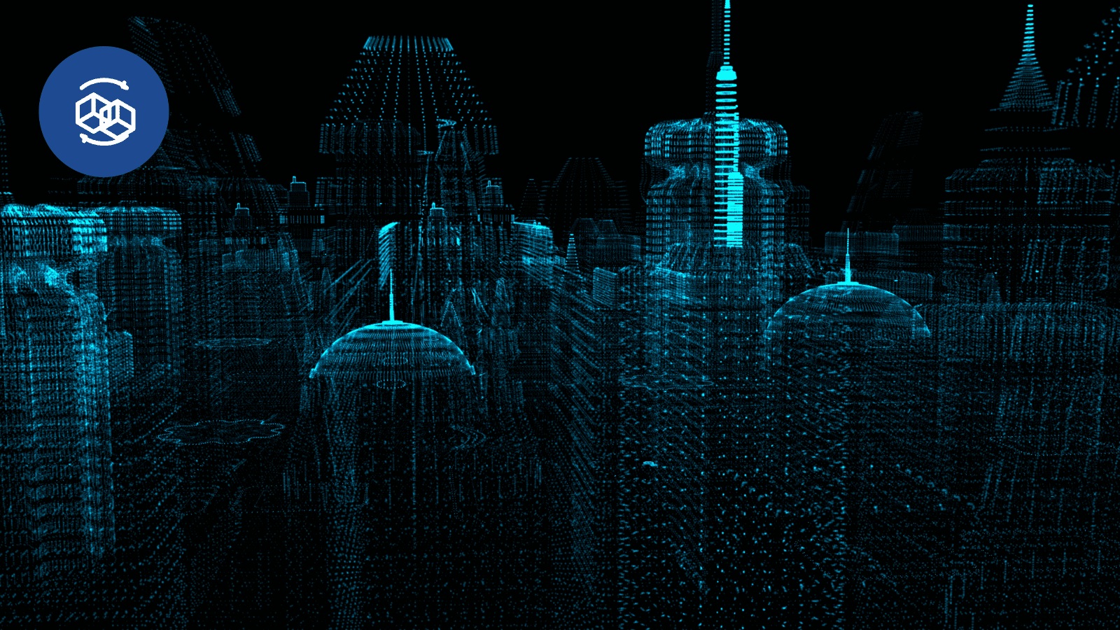 Aircom’s promotional illustration of a city rendered in blue digital points