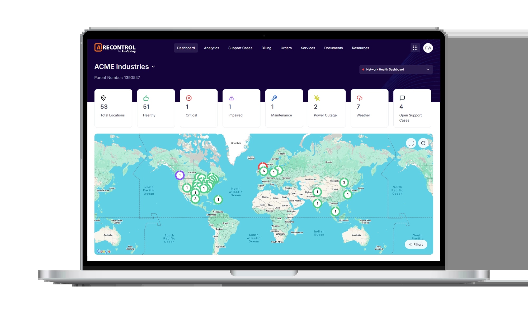AireSpring’s official AIreCONTROL product mockup showing network management dashboards on a desktop monitor