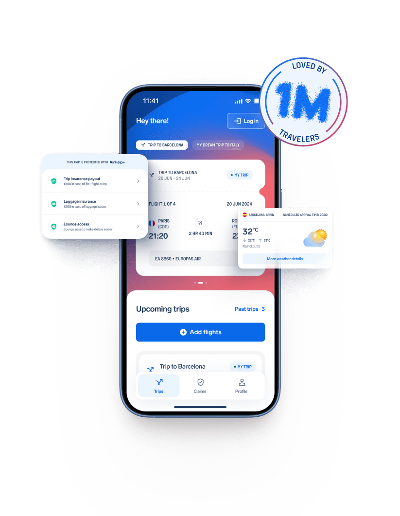 AirHelp app marketing mockup showing trips, flight details and protection benefits