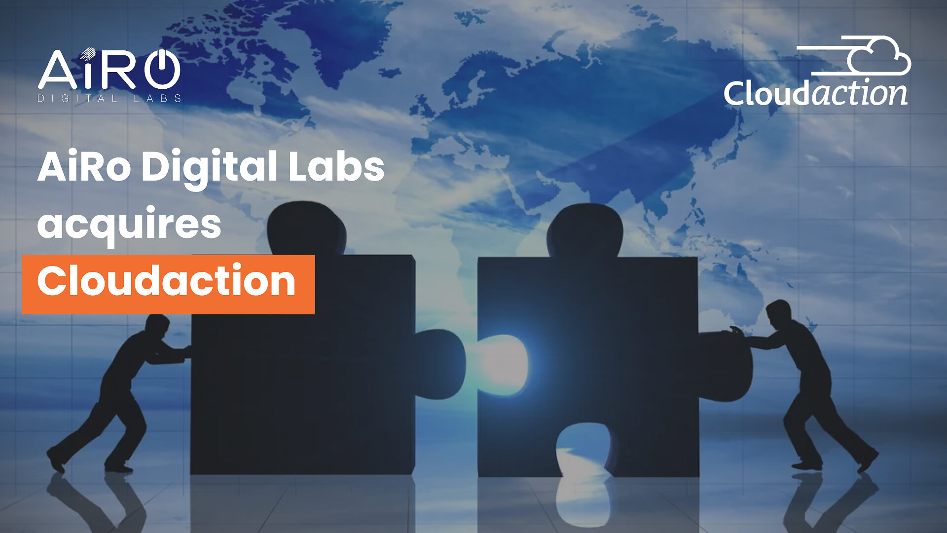 Airo’s acquisition announcement artwork showing puzzle pieces joining Airo Digital Labs and Cloudaction