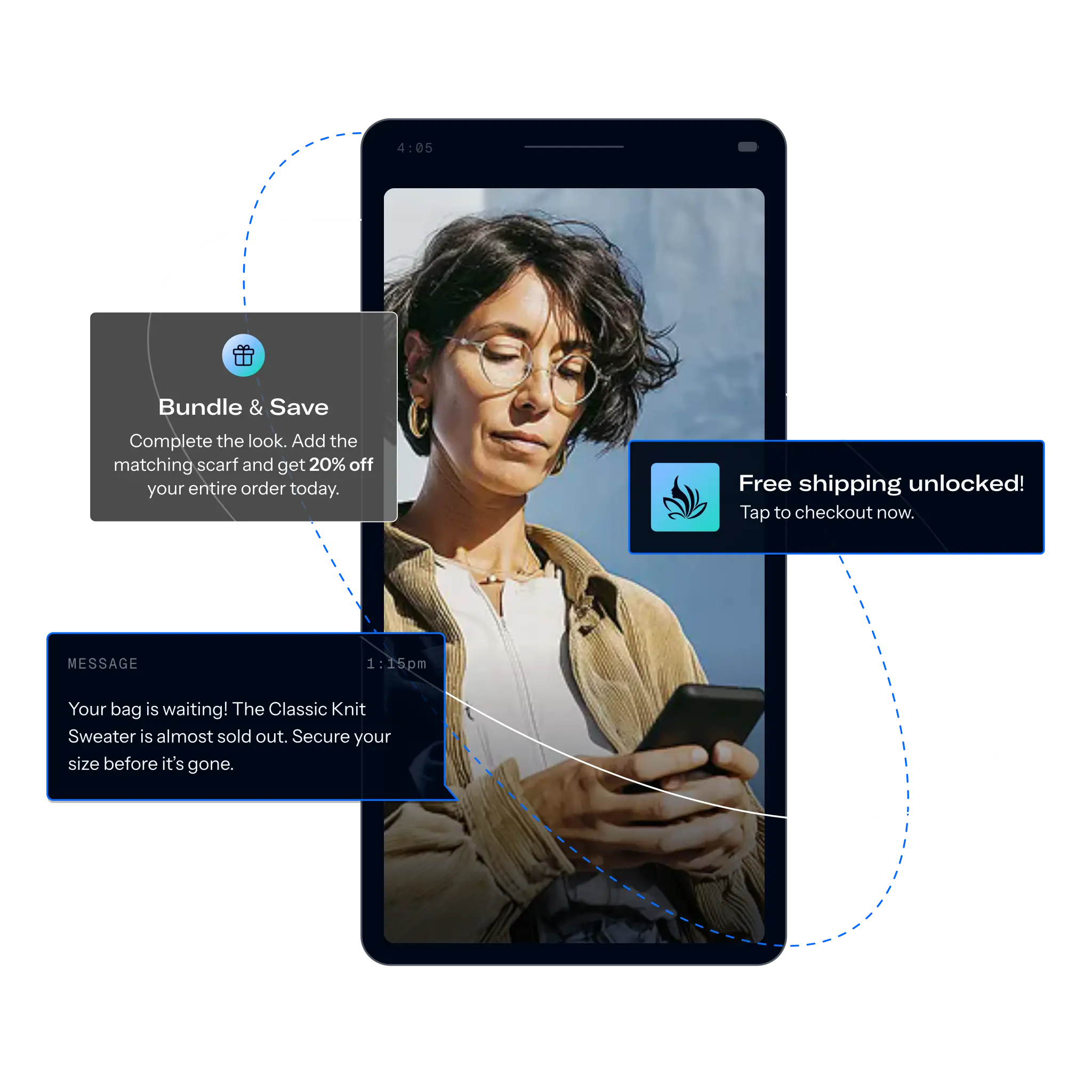 Airship illustration showing personalized messages around a mobile shopping experience