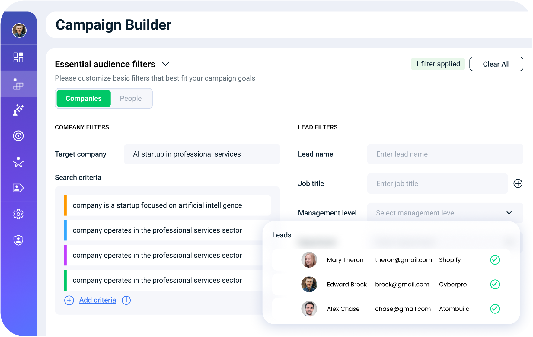 AiSDR Campaign Builder showing company and lead filters with an AI search query and example leads