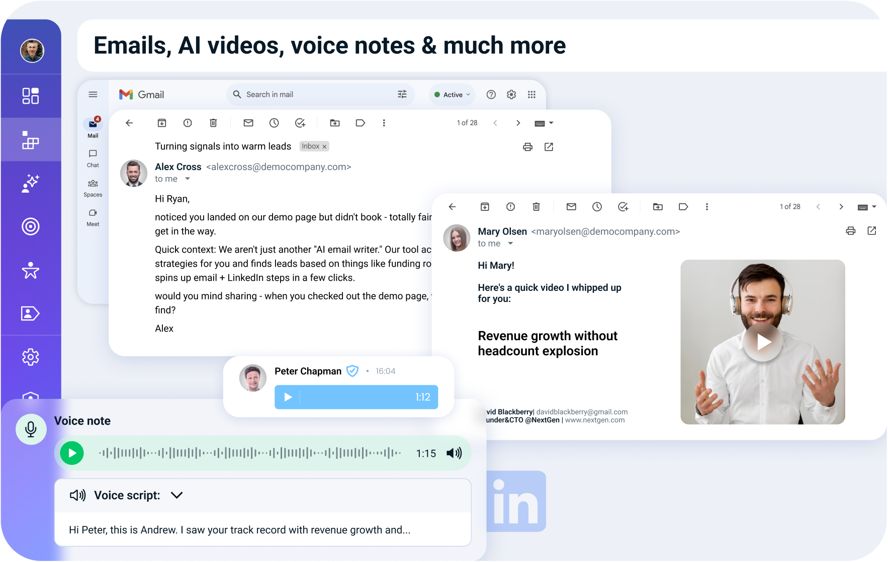 AiSDR interface illustrating email, AI video and LinkedIn voice-note outreach