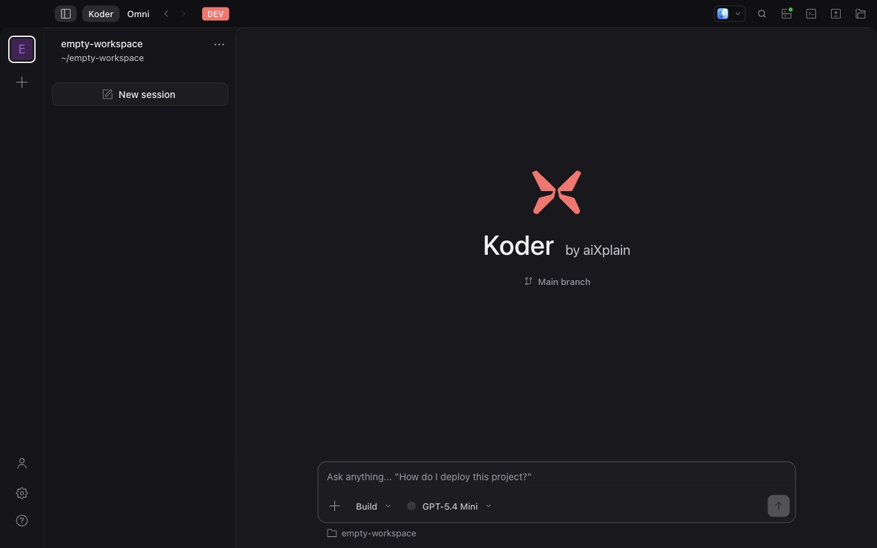 Koder desktop coding workspace with conversation and project interface
