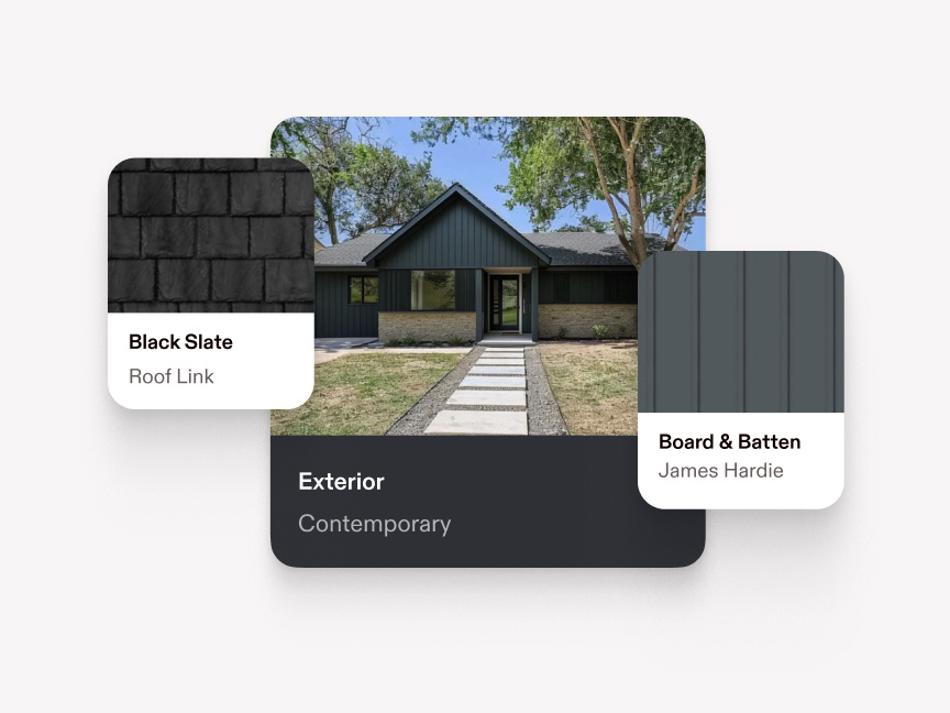 Hover illustration pairing slate roofing and gray siding samples with a rendered home