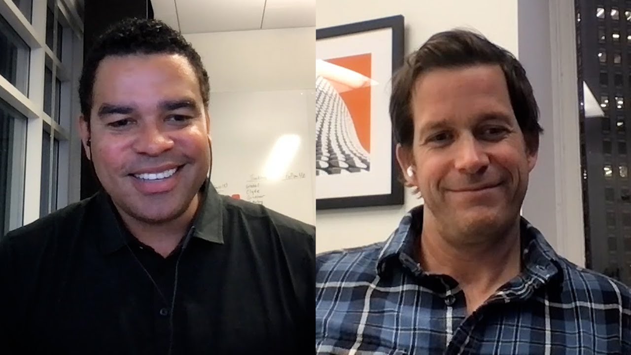 A.J. Altman, right, speaking in a remote conversation about veterans and technology