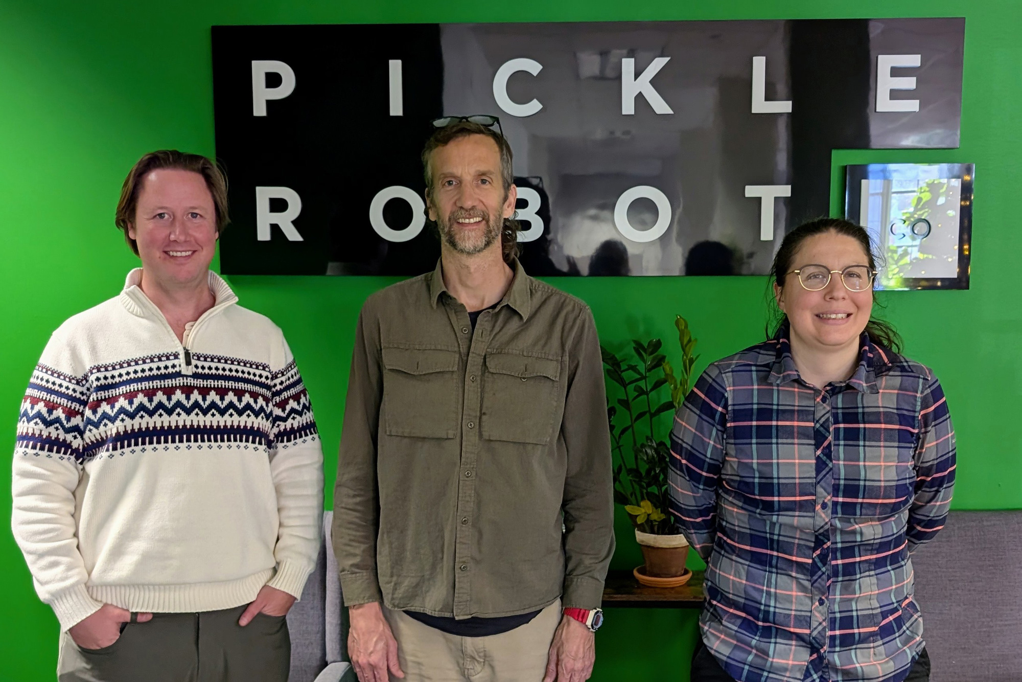 AJ Meyer, Dan Paluska and Ariana Eisenstein at Pickle Robot’s Charlestown headquarters