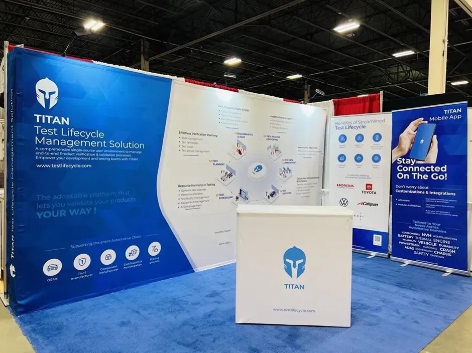 TITAN exhibition booth with test lifecycle diagrams at Automotive Testing Expo 2023