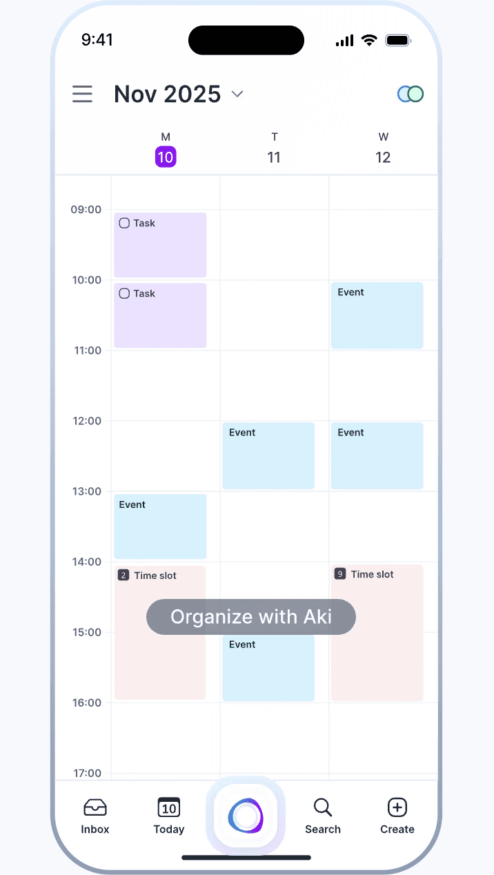 Akiflow mobile calendar and Aki interface