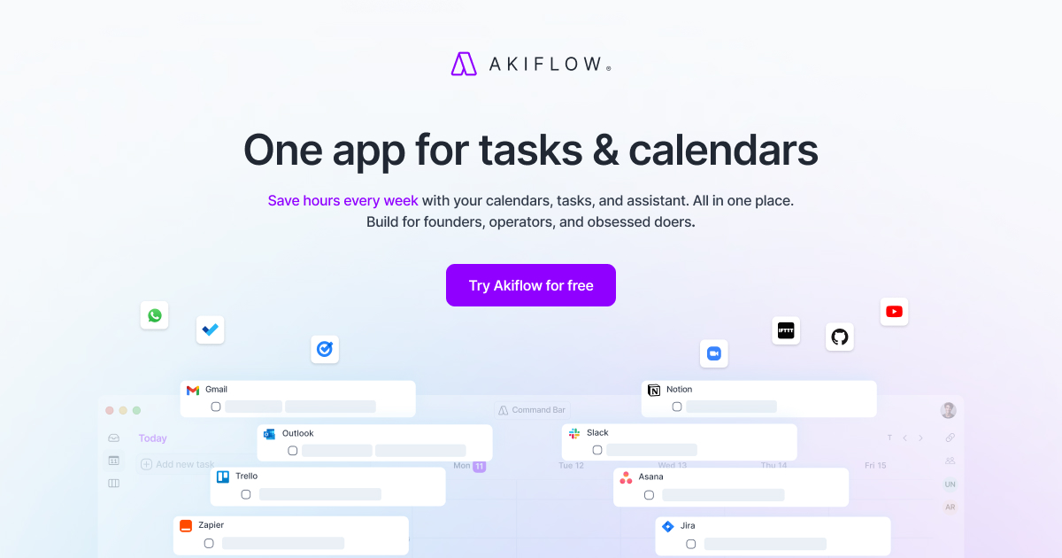 Official Akiflow graphic showing tasks from several apps flowing into one calendar