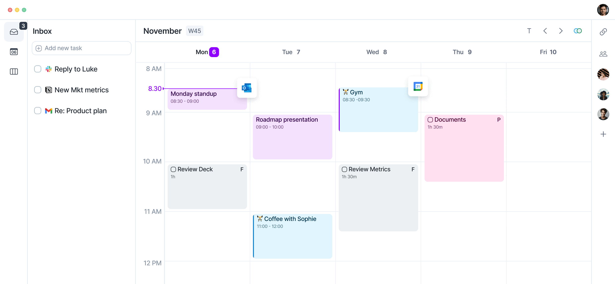 Akiflow desktop calendar with an inbox of imported tasks beside scheduled work blocks