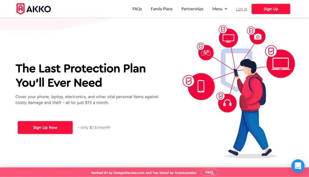 AKKO's 2021 website presenting a single protection plan for a phone and other belongings