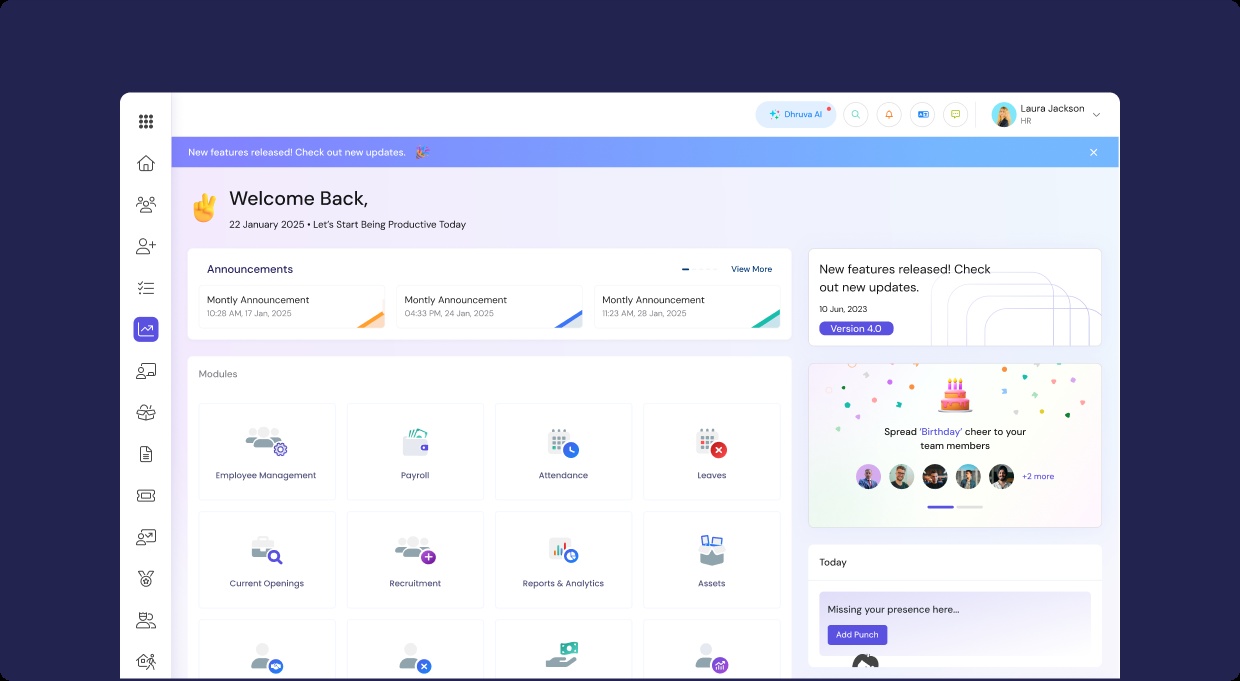Official Akrivia HCM interface showing employee management, payroll, attendance, leave and recruitment modules