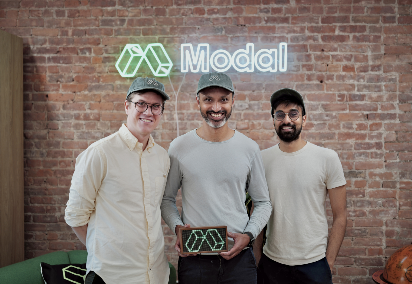 Erik Bernhardsson, Rohan Singh, and Akshat Bubna together after the Tidbyt team joined Modal