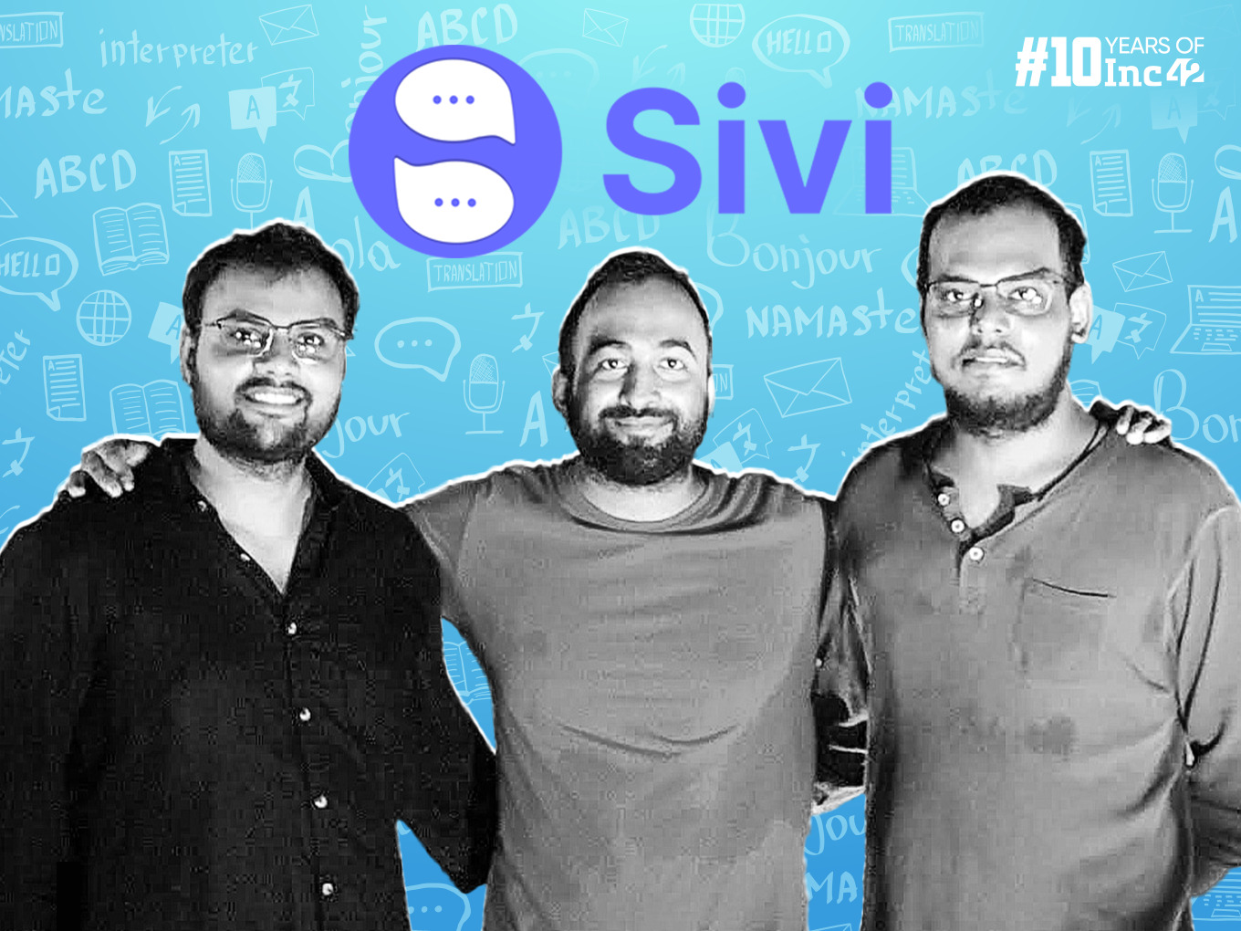 MySivi co-founders Shivam Gupta, Akshay Sanghai and Anoop Jaiswal together against an illustrated blue background