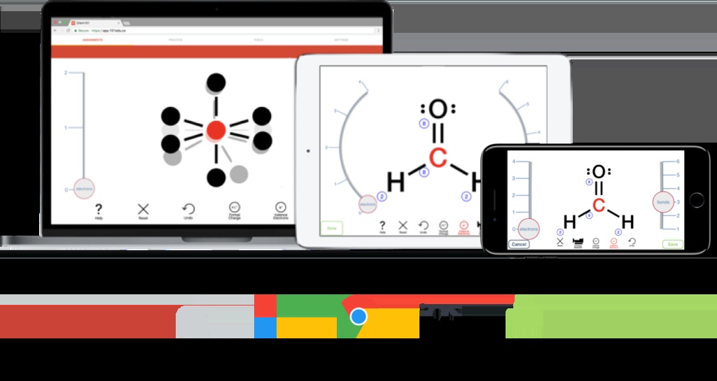 Aktiv chemistry exercises displayed on a laptop, tablet and smartphone