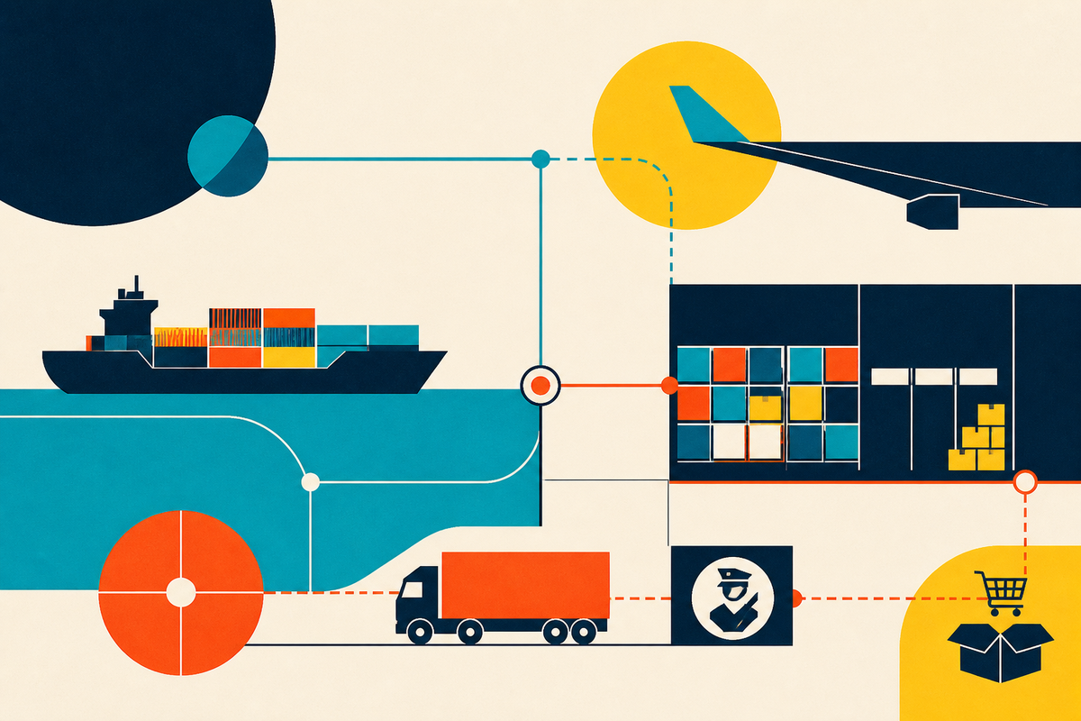 Abstract Swiss-style illustration connecting a ship, aircraft, warehouse, customs checkpoint, truck and parcel