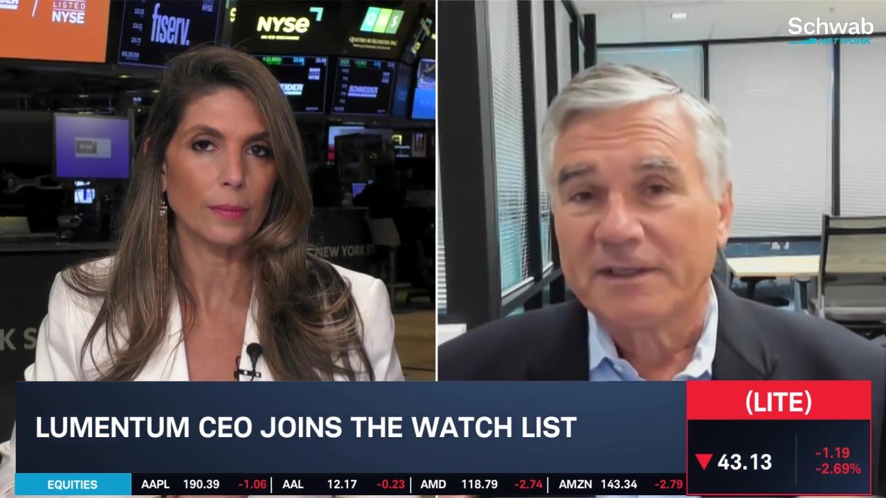 Nicole Petallides, left, interviews Alan Lowe, right, in a split-screen broadcast.