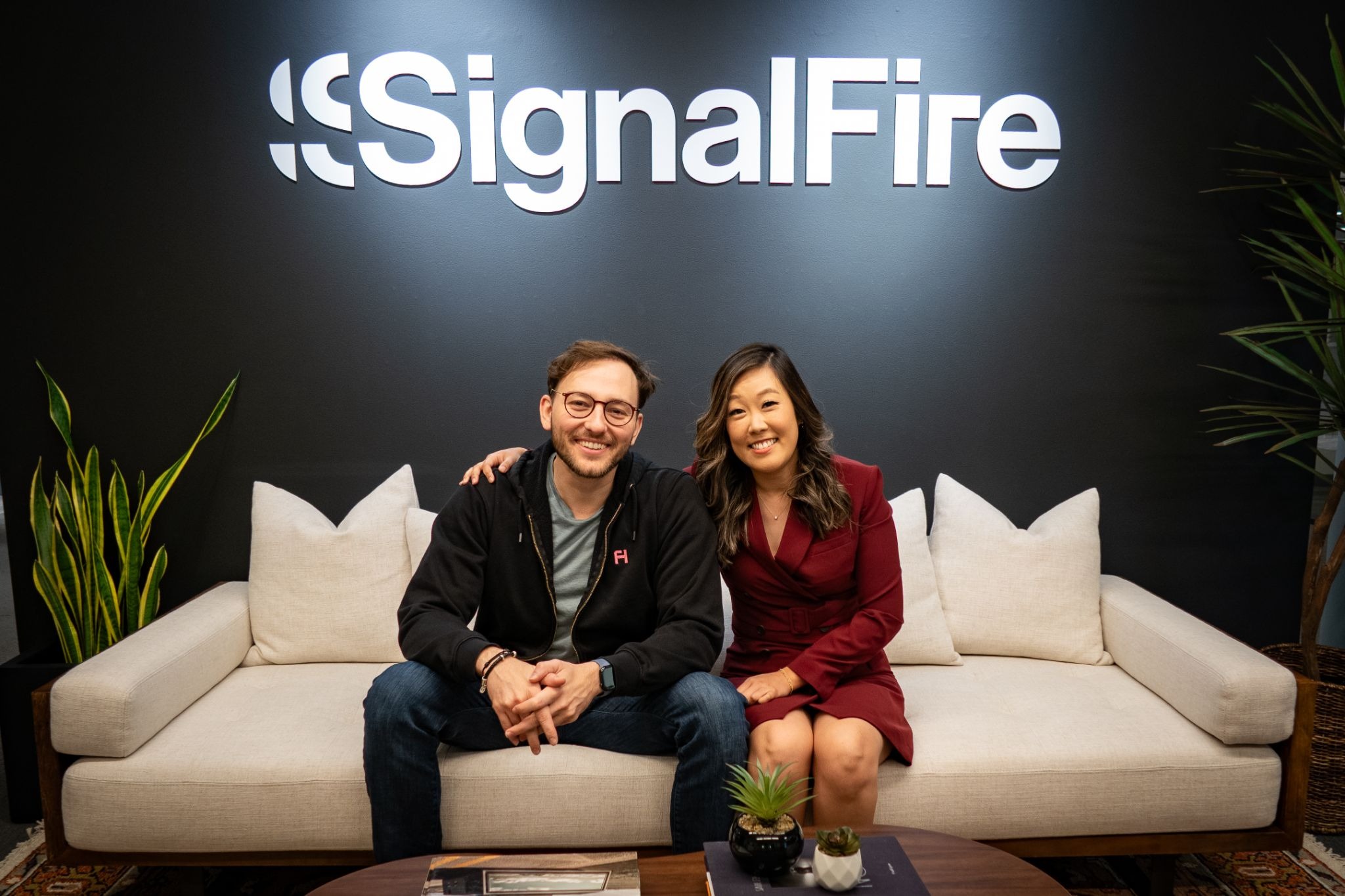 Albert Katz, left, and SignalFire partner Sooah Cho seated together at SignalFire.
