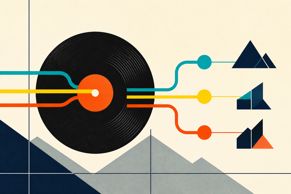 Abstract Swiss-style composition with a record, colored pathways and angular mountain forms