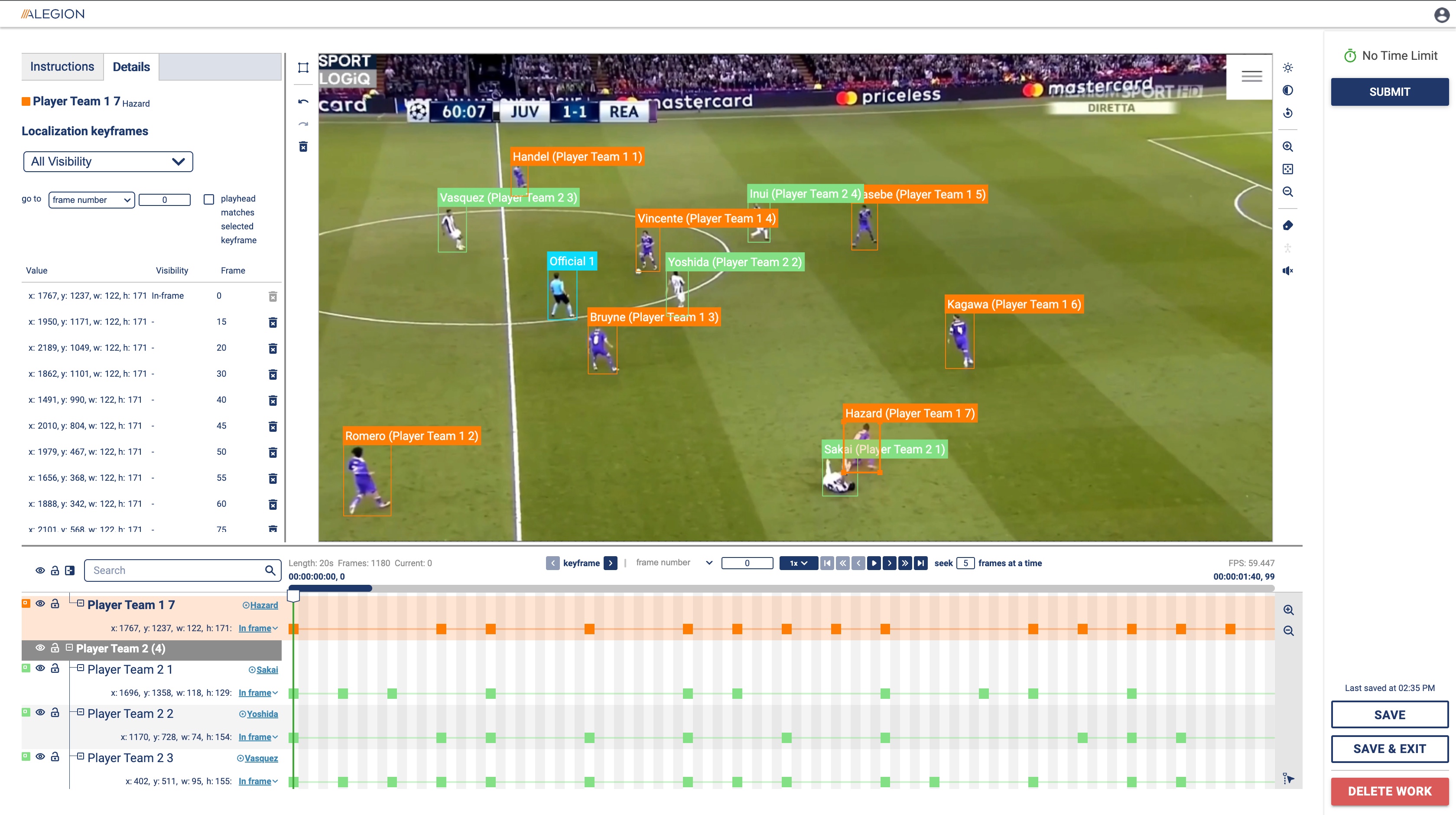 Alegion video annotation interface with colored boxes, example player labels, and a timeline