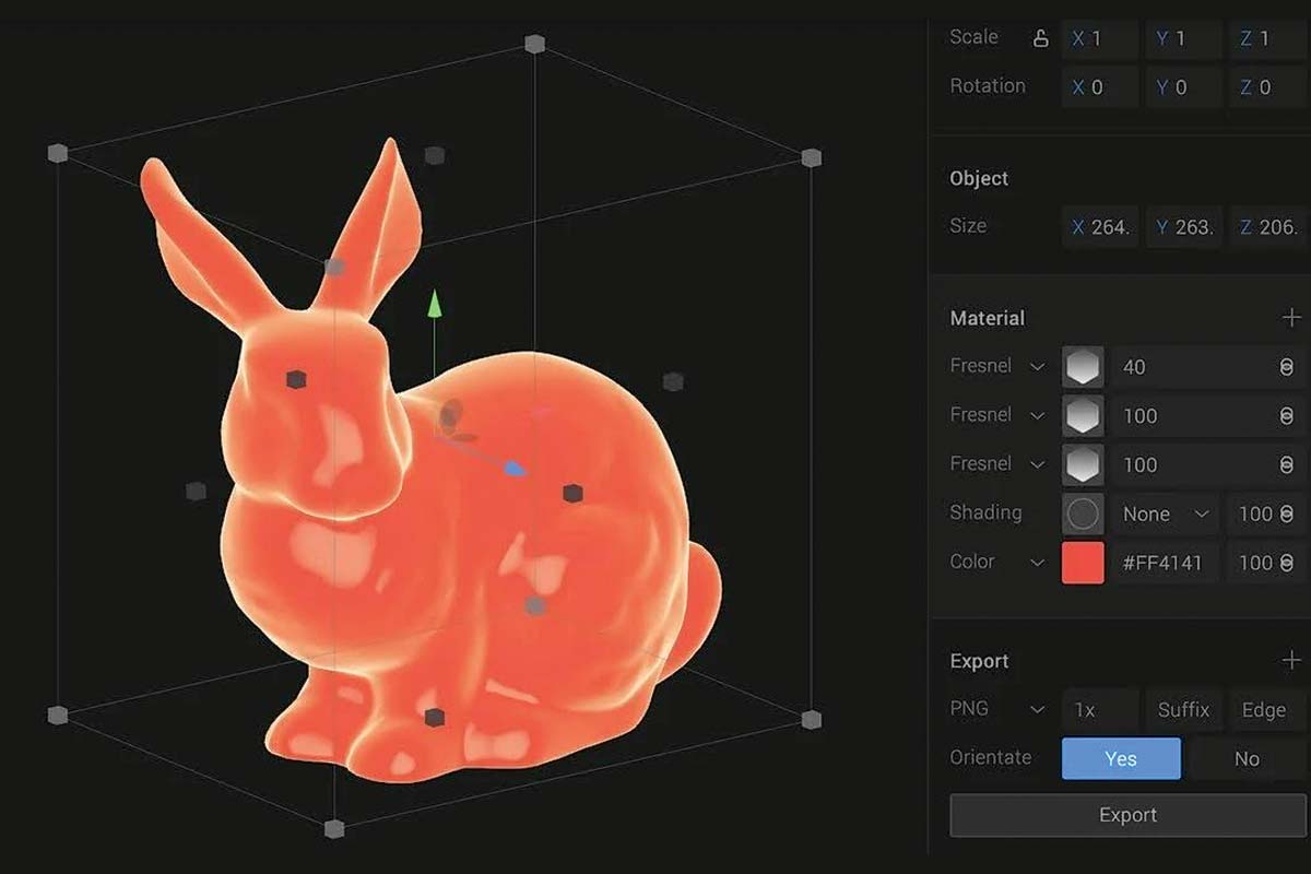 An orange 3D rabbit selected inside an early Spline editor, with material and export controls visible.