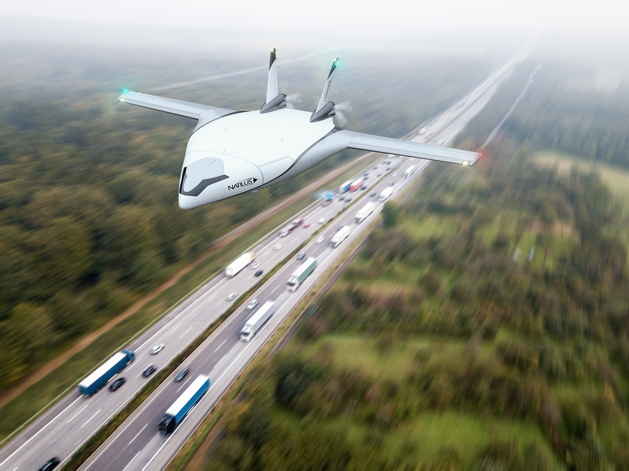 Rendering of a white Natilus KONA blended-wing cargo aircraft flying above a motorway
