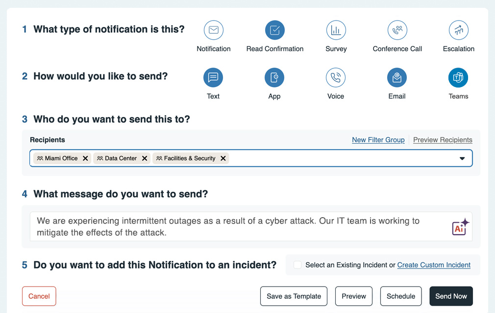 AlertMedia notification creation interface with message types, delivery channels, recipients, and message fields