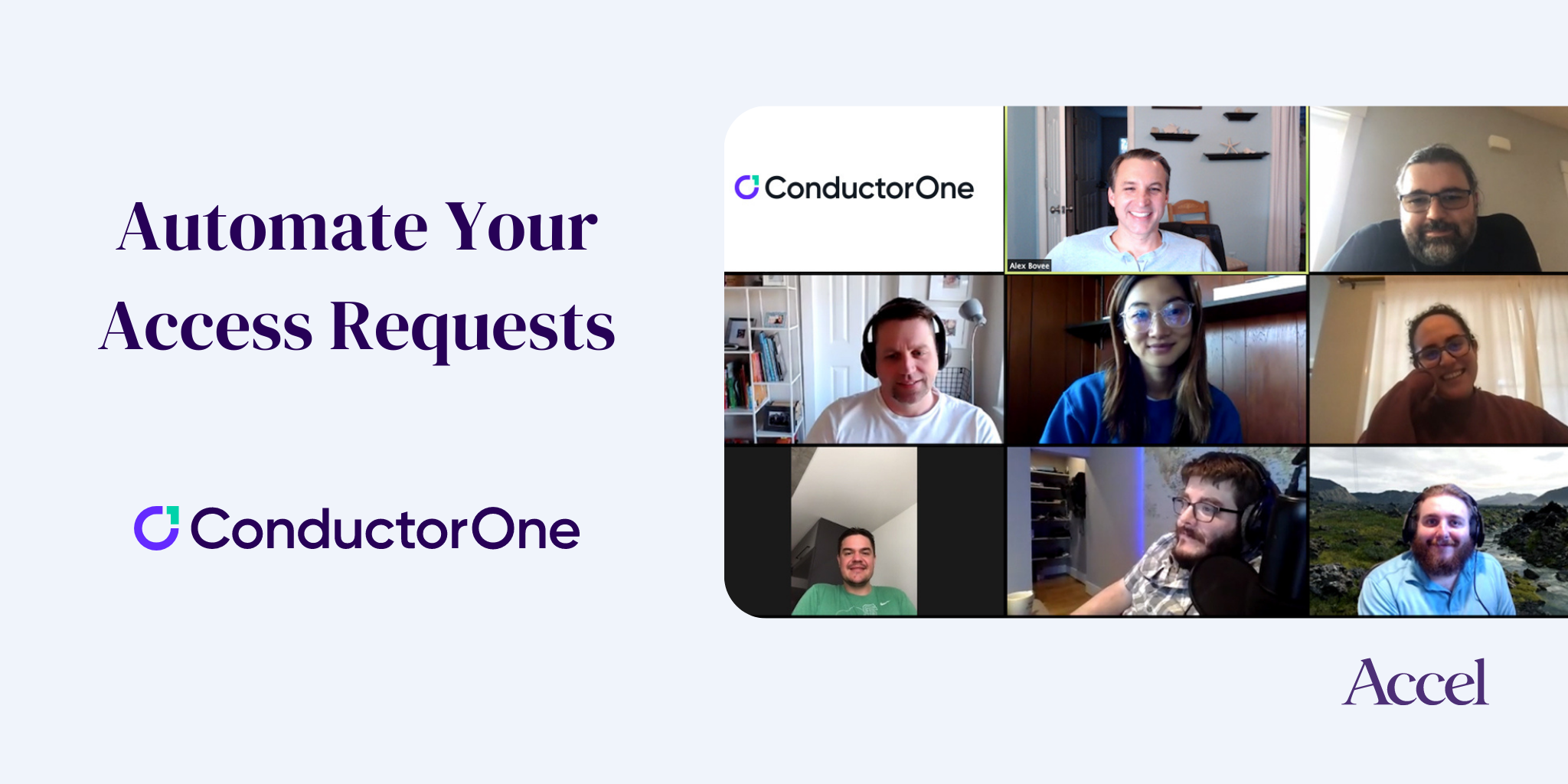 Accel’s 2021 ConductorOne announcement artwork showing Alex Bovee and other early team members on a video call