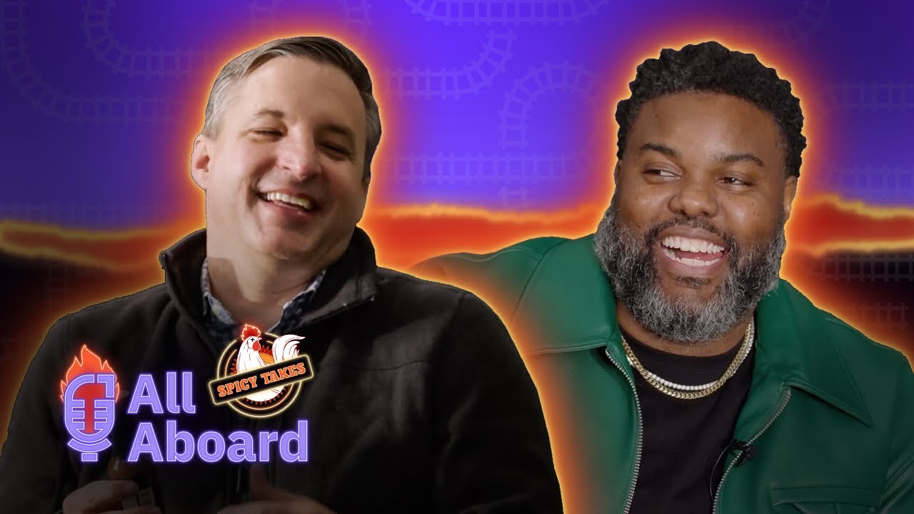 Promotional artwork showing Alex Bovee and David Lee smiling for their Spicy Takes podcast episode