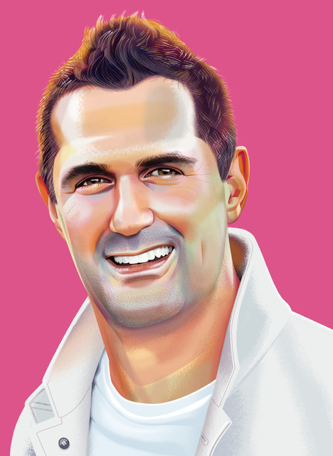 Illustrated portrait of Alex Davis against a pink background