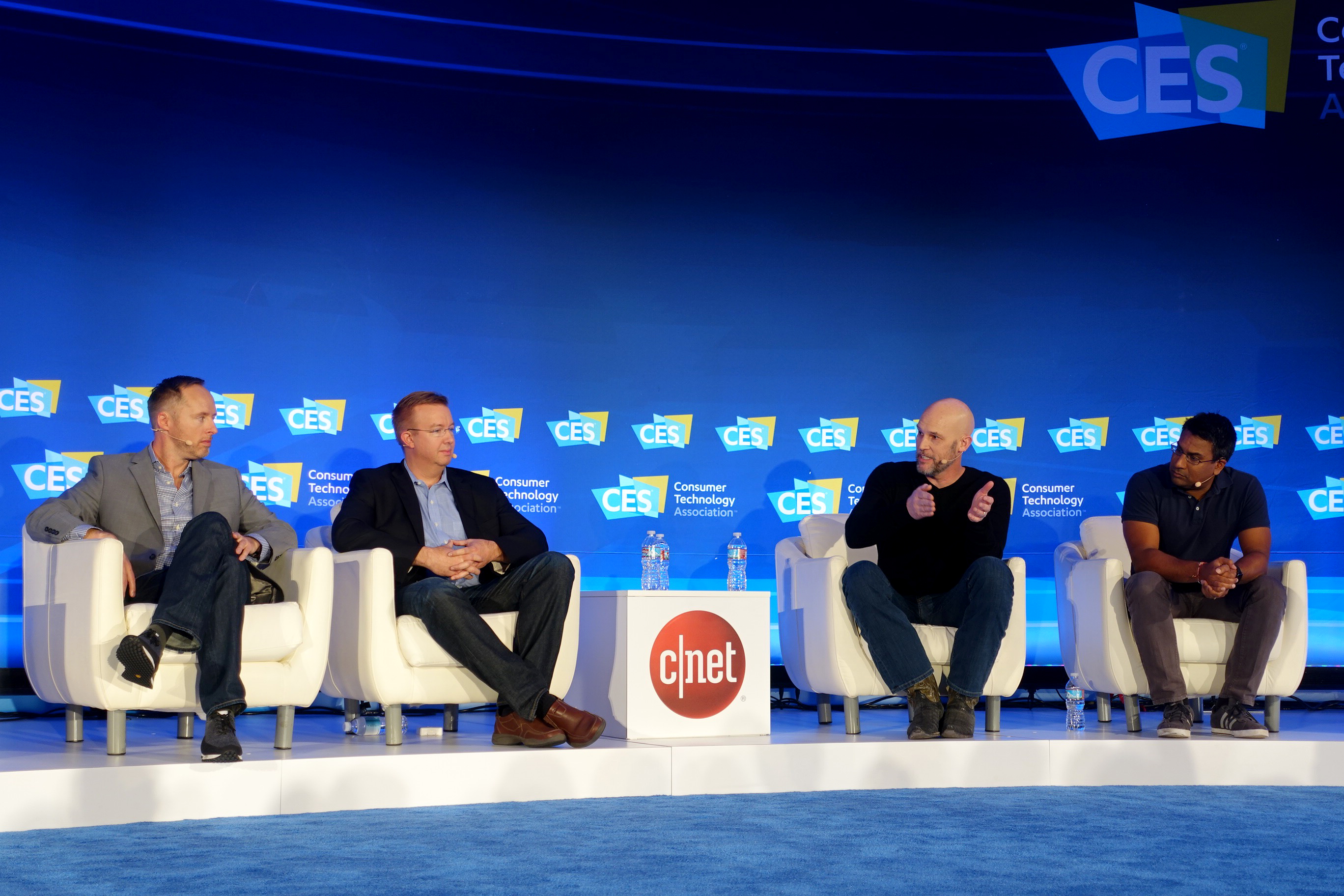 Alex Hawkinson, second from left, seated on a CES 2017 smart-home panel with Jason Johnson, Mike George and Rishi Chandra