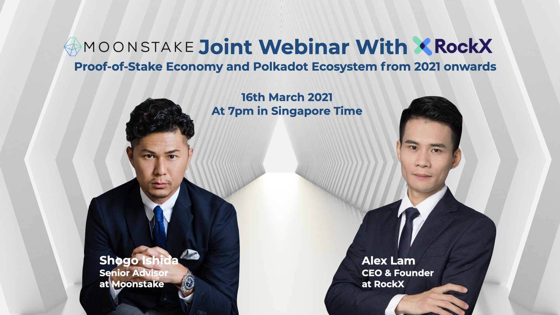 Promotional image for the March 2021 Moonstake and RockX webinar, featuring Shogo Ishida on the left and Alex Lam on the right