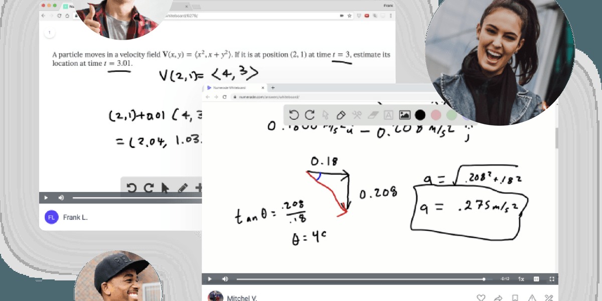 A collage of Numerade whiteboard lesson videos showing handwritten physics and mathematics work