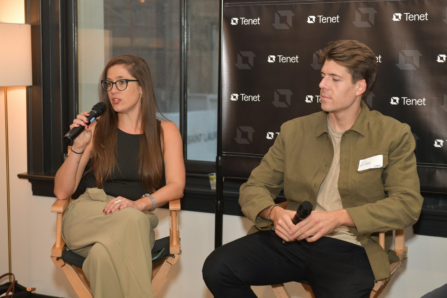 Alex Liegl seated on the right, holding a microphone beside GreenBiz’s Sarah Golden at a Tenet Climate Week NYC event.