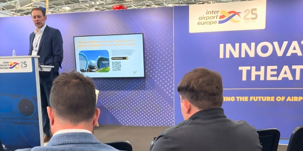 Alex Mattos presenting on digital aviation refuelling at Inter Airport Europe 2025 in Munich